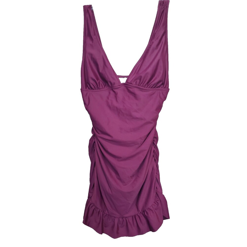 J.CREW Burgundy Ruched V-Neck Swim Dress One Piece Swimsuit Size 8